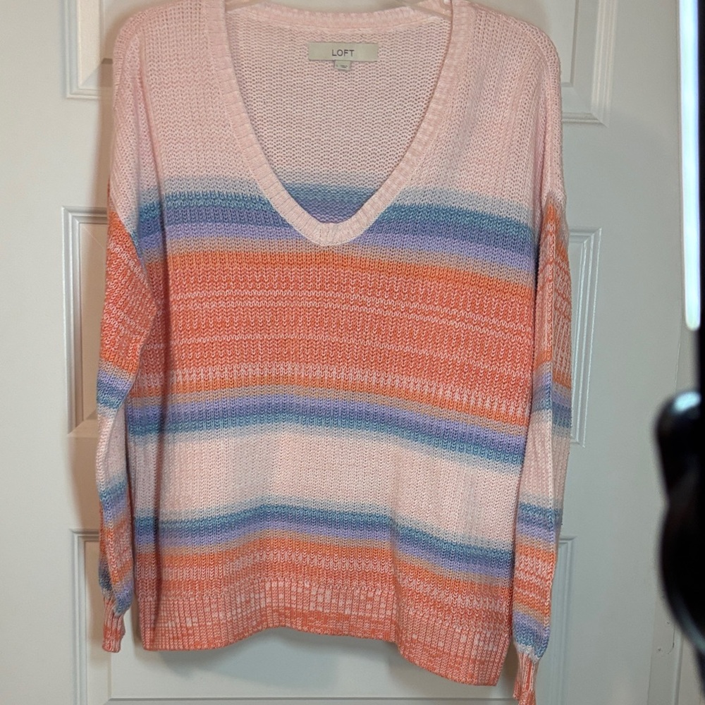 Loft pink & blue Ombre Striped V-Neck Sweater SZ L cotton blend casual weekend
